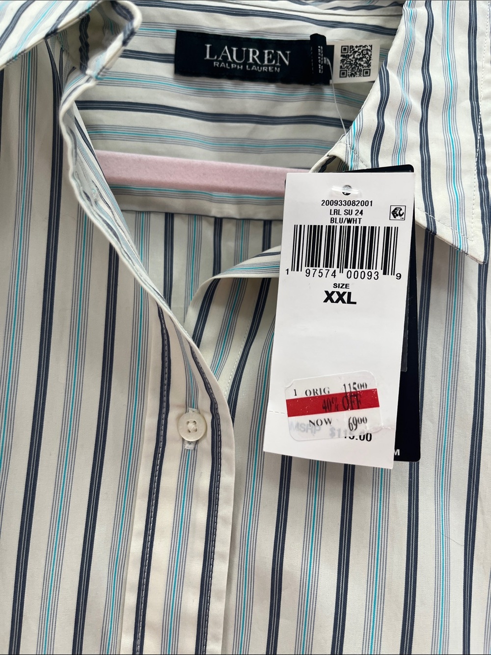 Lauren Ralph Lauren Cream and Navy Vertical-Stripe Button-Down Shirt - Picture 2 of 4